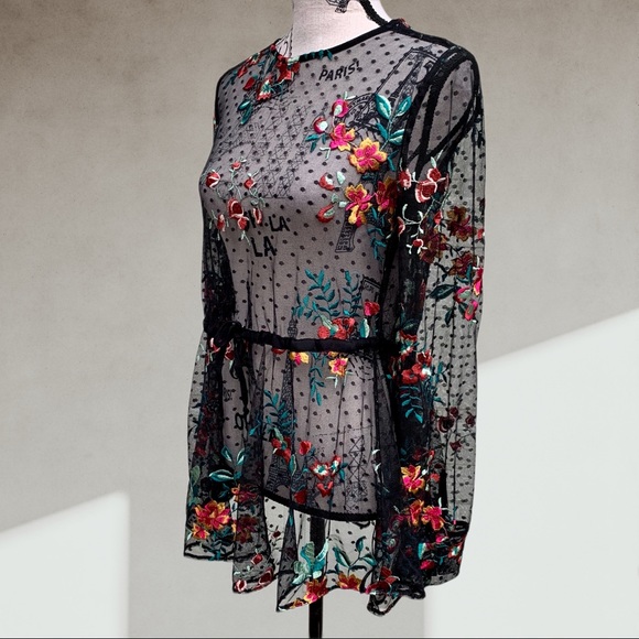 ZARA floral embroidered long sleeve top MED - Picture 8 of 13
